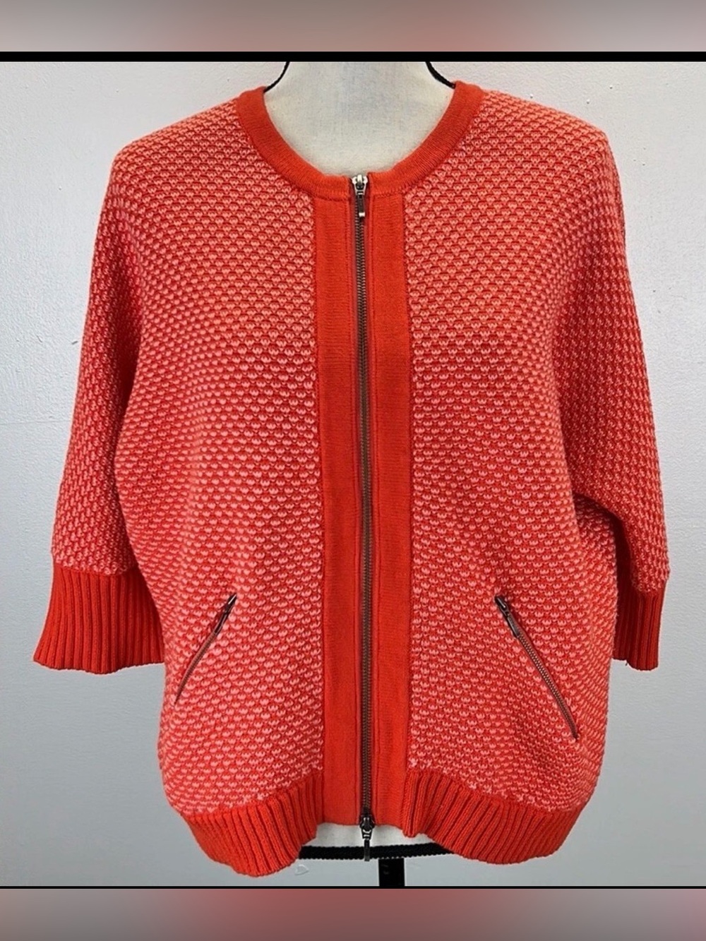 CAbi #195 Red/Orange Textured Zip-Front Short-Sleeve Cardigan - Picture 3 of 7